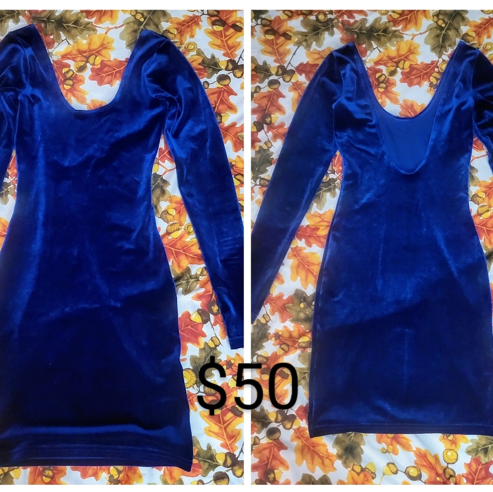 Blue bodycon dress.